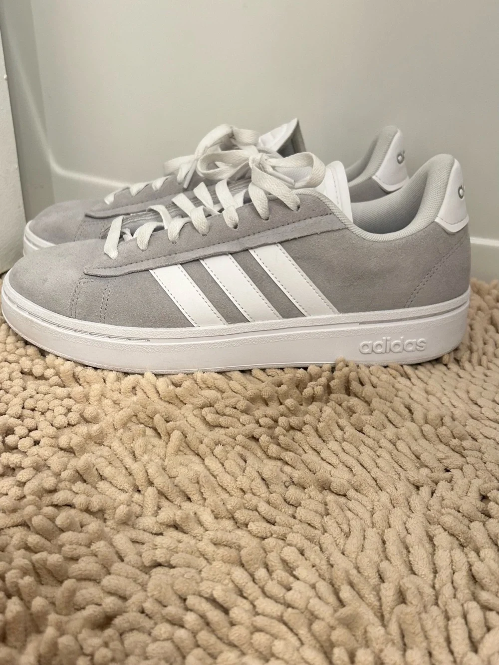 adidas Suede Low-Top Sneakers in Light Gray and White